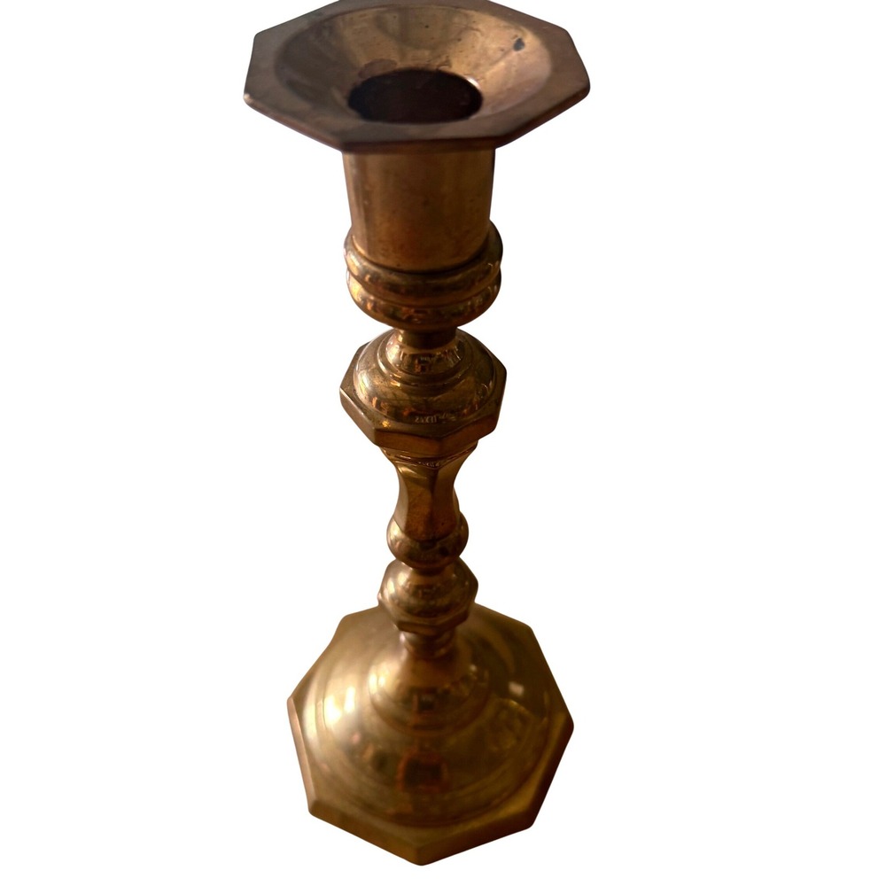 Vintage Brass Taper Candlestick Holder Hexagon Base Dark Academia Gold 9in